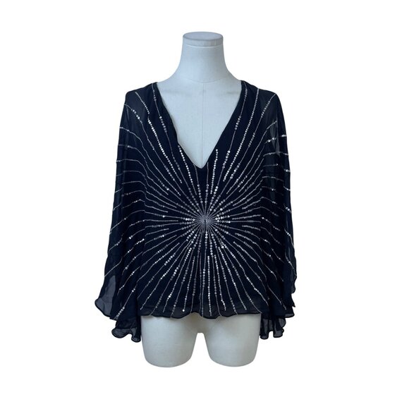 BCBGMAXAZRIA  Black Sequined Chiffon Top Blouse Small Starburst Design Sz S - Picture 1 of 8